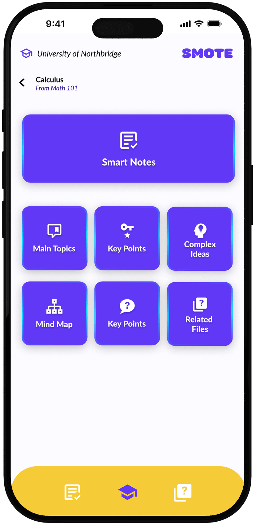 Smote smart notes interface showing organized notes with key points, mind map, and complex ideas